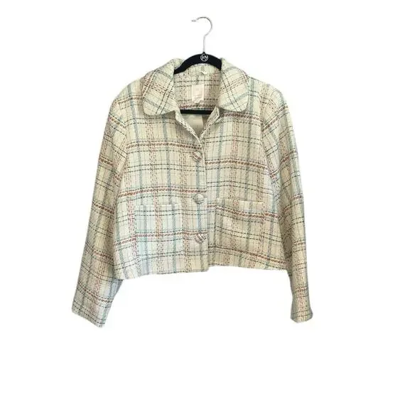 LC Lauren Conrad Tweed Blue White Rust Crop Jacket Blazer Size Large - Picture 2 of 10